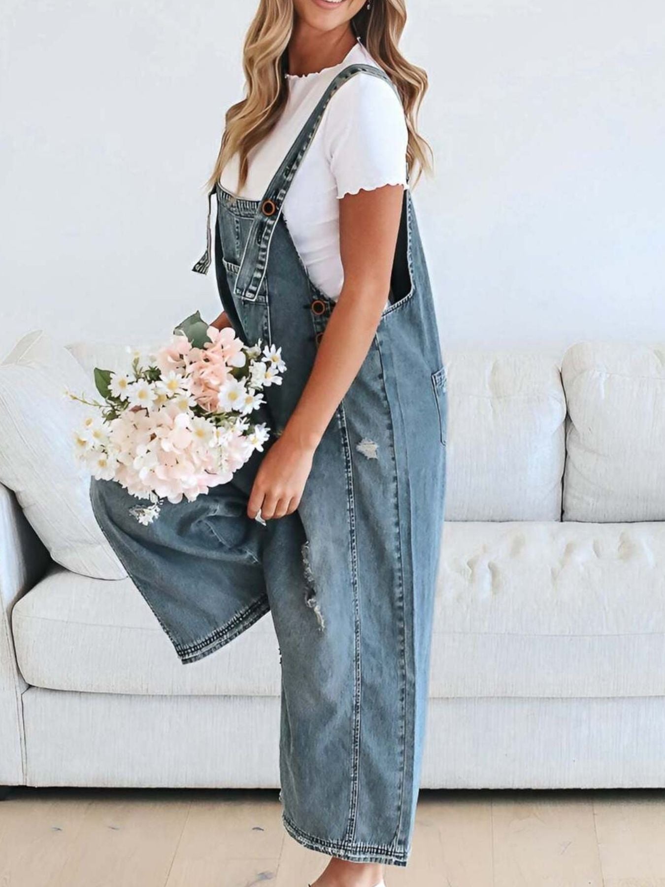 Distressed Wide Leg Denim Overalls - Detail View 4