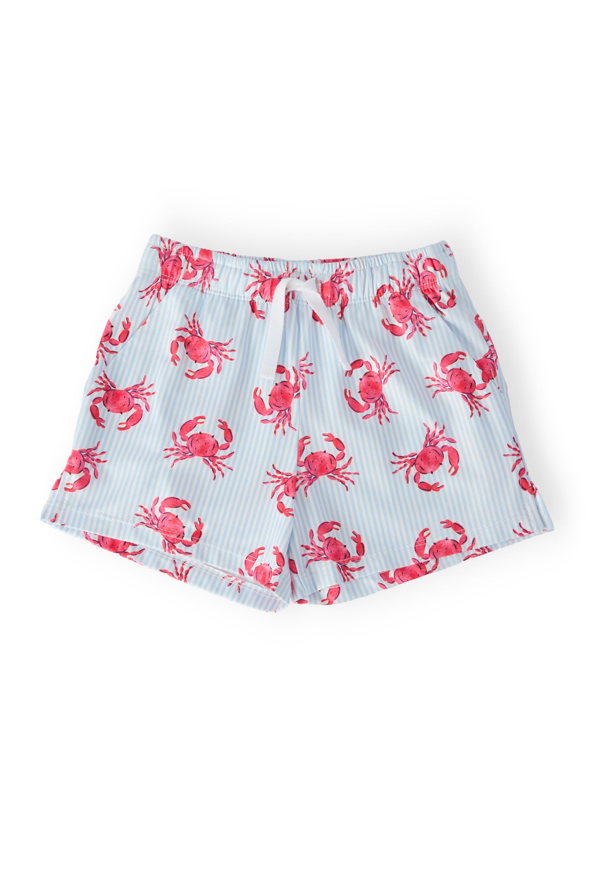 Shorts with red crab pattern on a white background