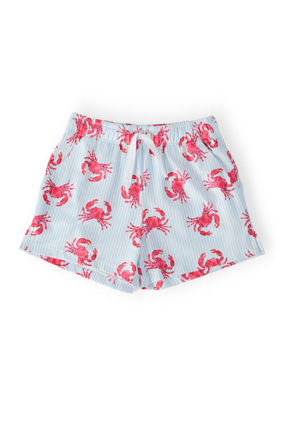Shorts with red crab pattern on a white background