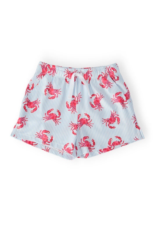 Shorts with red crab pattern on a white background