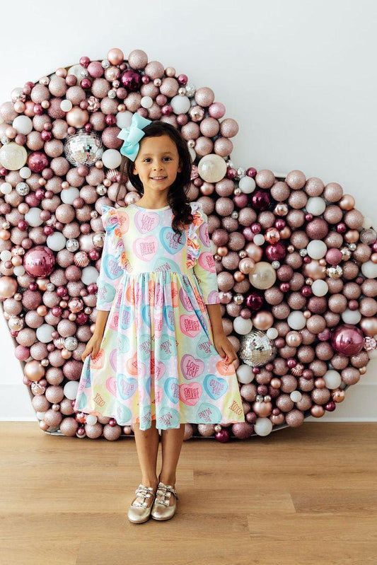 Conversation Hearts 3/4 Sleeve Ruffle Twirl Dress - Front View