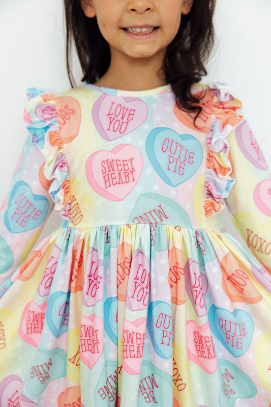Conversation Hearts 3/4 Sleeve Ruffle Twirl Dress - Back View
