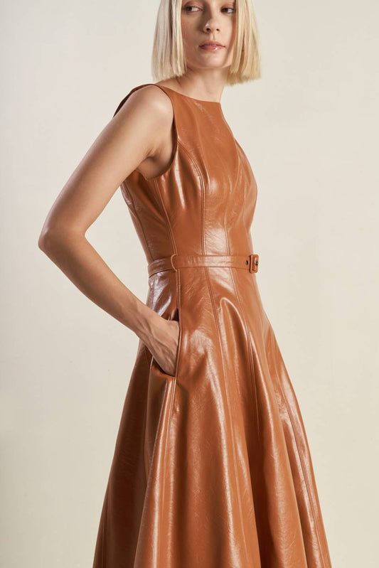 COGNAC FAUX LEATHER MIDI DRESS