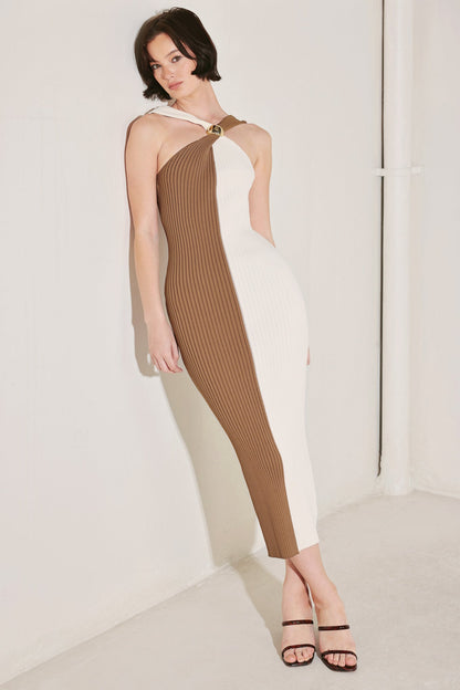 CONTRAST KNIT MIDI DRESS