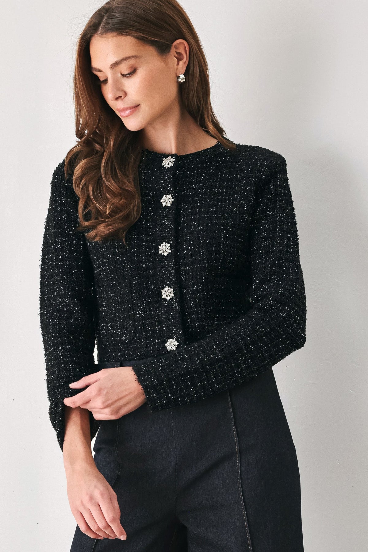 TWEED BLACK BUTTON-DOWN SWEATER CARDIGAN