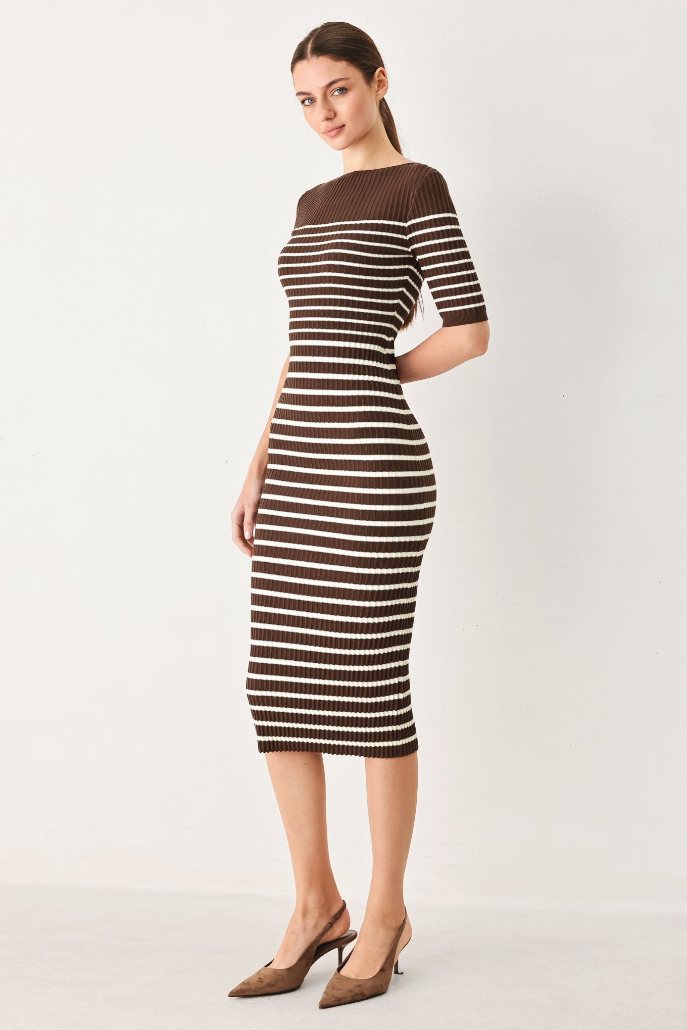 CHOCOLATE STRIPE SWEATER MIDI DRESS