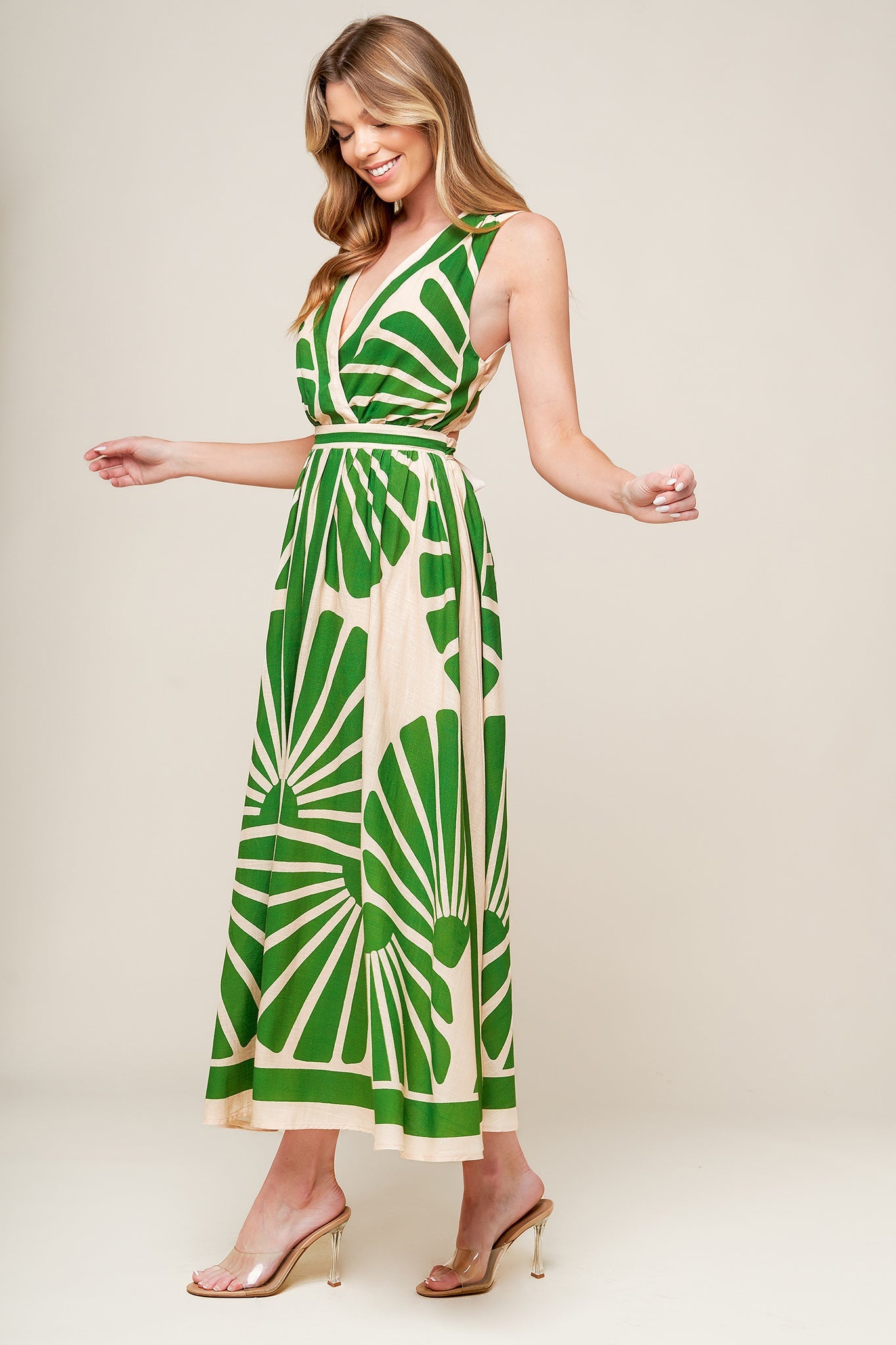SWEPT ME OFF MY FEET GREEN WOVEN MIDI DRESS - Front View