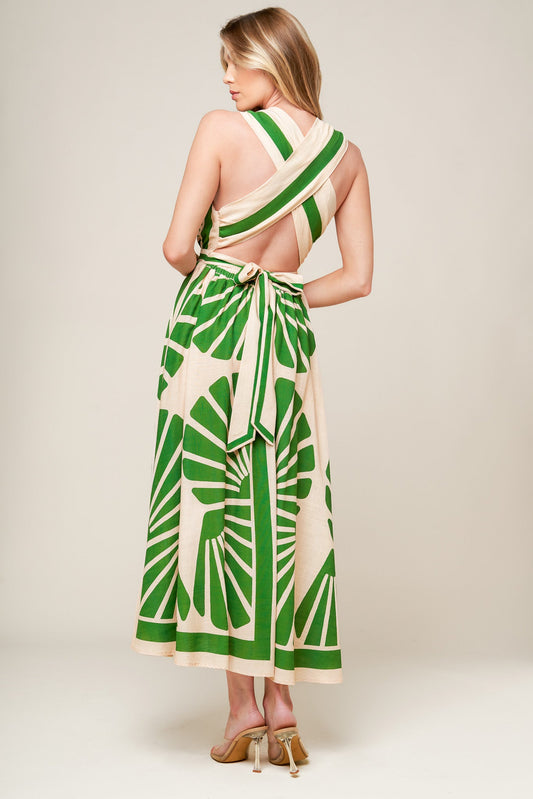 SWEPT ME OFF MY FEET GREEN WOVEN MIDI DRESS - Back View