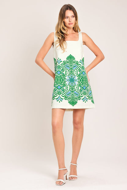 GREEN MOTIF WOVEN MINI DRESS