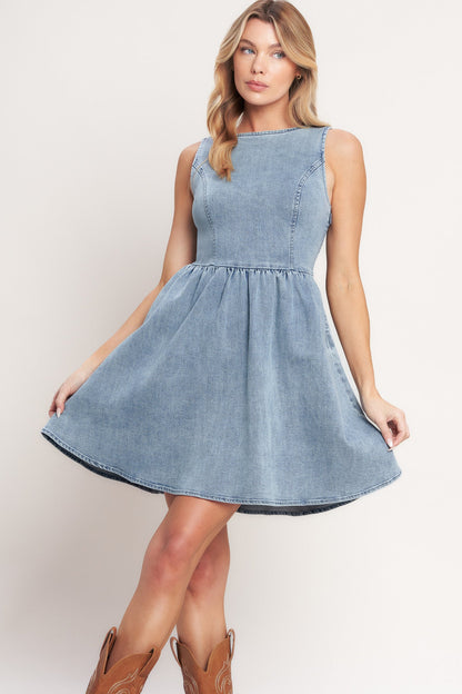 BACKLESS DENIM MINI DRESS - Front View