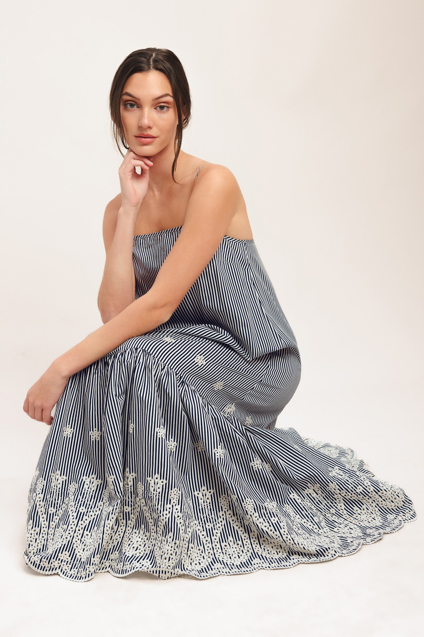 STRIPE COVE WOVEN MIDI DRESS - Front View