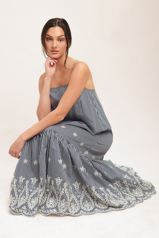 STRIPE COVE WOVEN MIDI DRESS - Front View