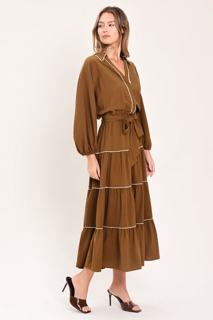 MAPLE TIERED MOMENTS WOVEN MIDI DRESS