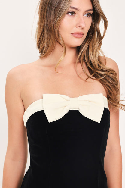 BLACK AND IVORY BOW-DETAIL MINI DRESS