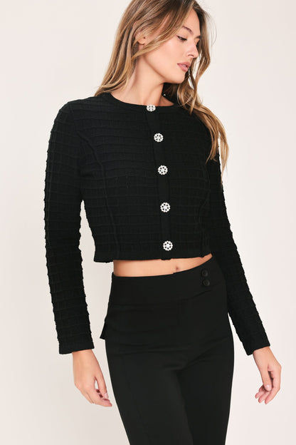 BLACK JEWEL-BUTTON CROPPED CARDIGAN