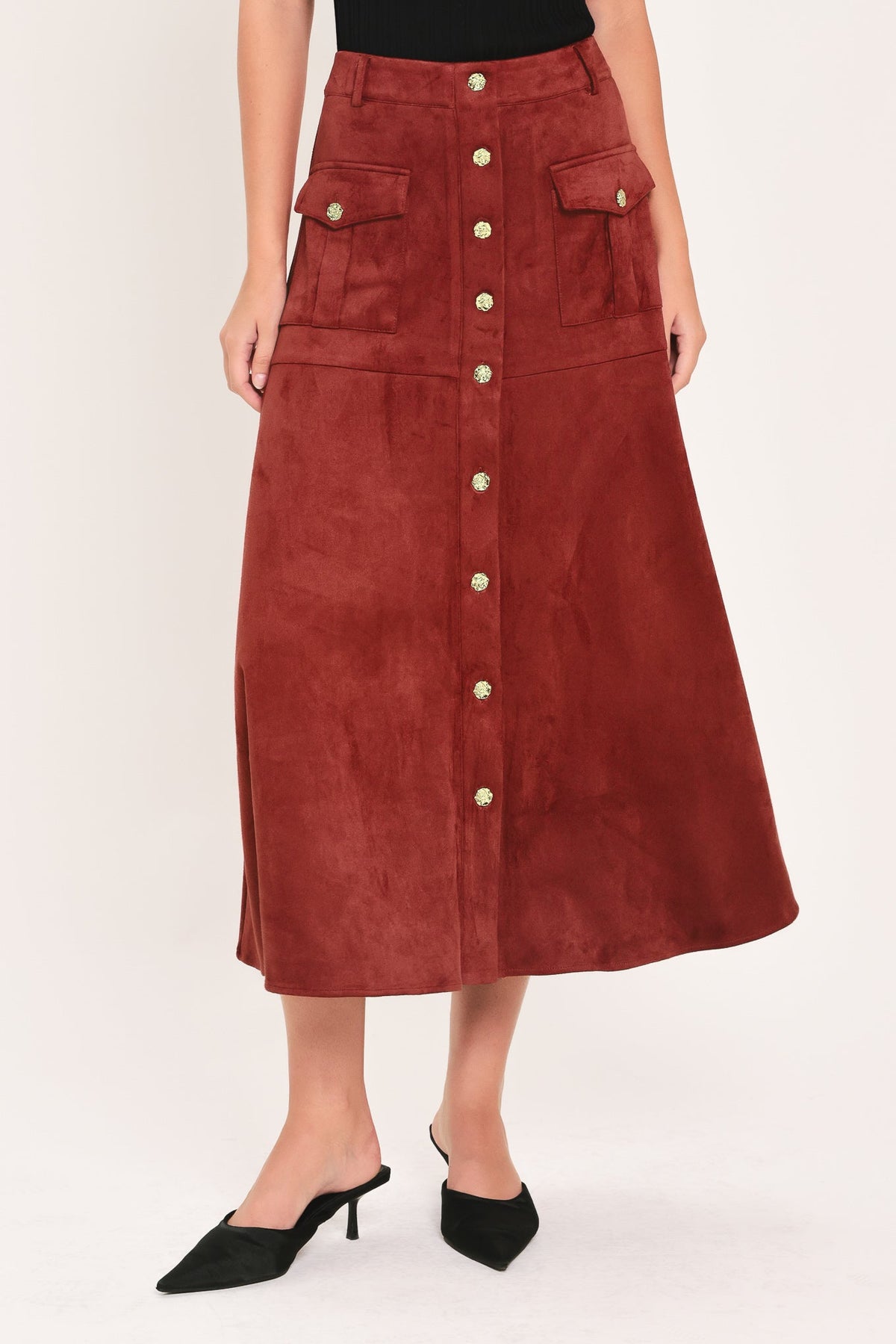 RUSTIC ROMANCE FAUX SUEDE BUTTON-FRONT MIDI SKIRT