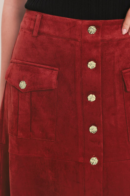 RUSTIC ROMANCE FAUX SUEDE BUTTON-FRONT MIDI SKIRT