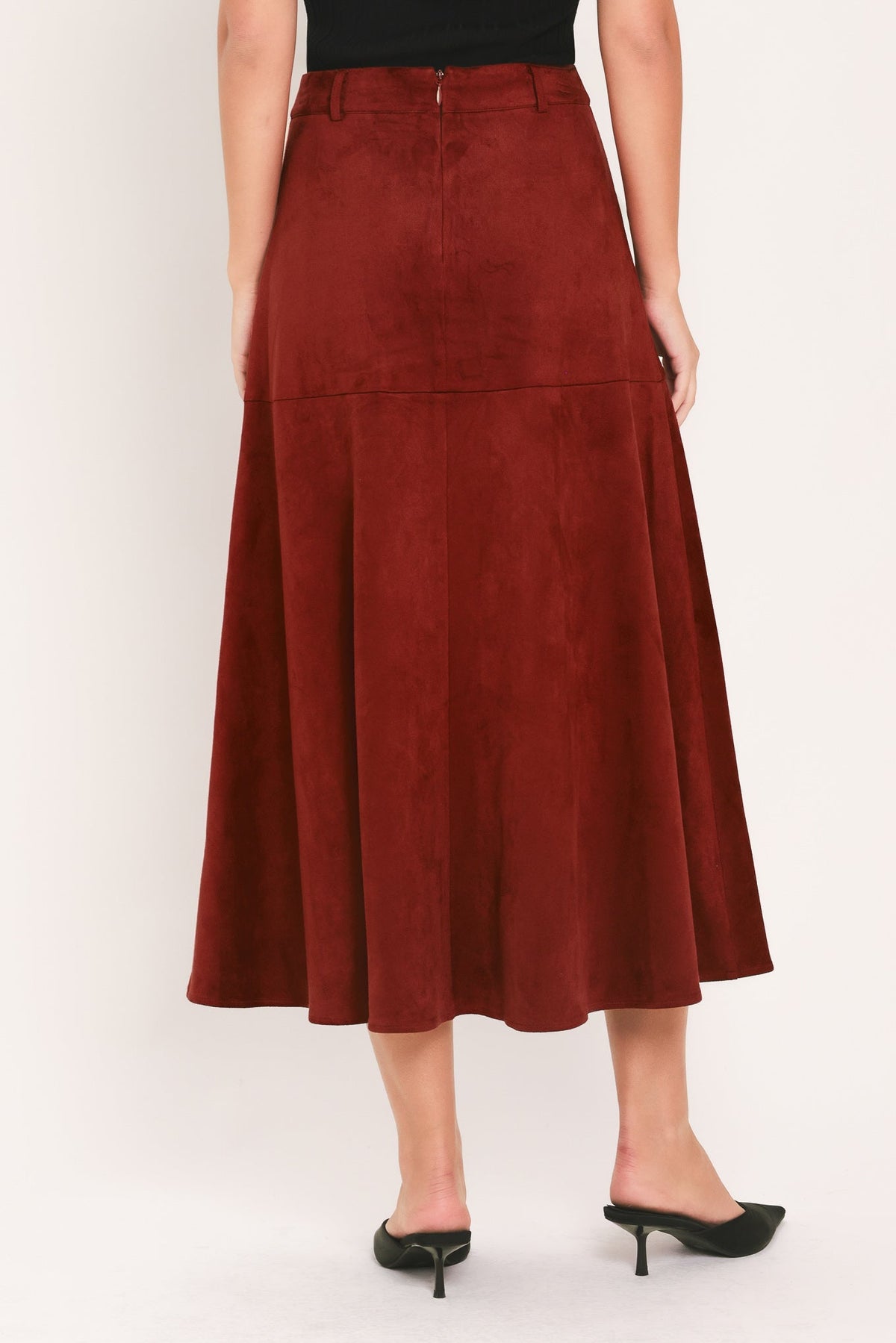 RUSTIC ROMANCE FAUX SUEDE BUTTON-FRONT MIDI SKIRT
