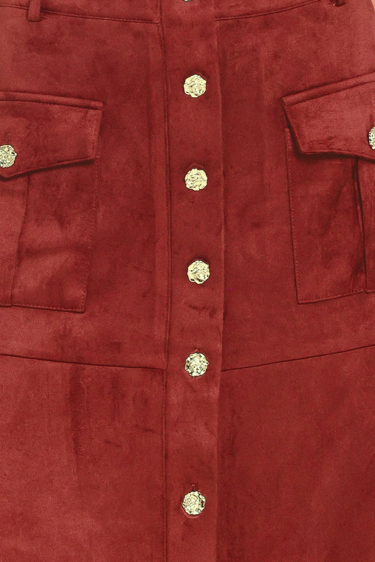 RUSTIC ROMANCE FAUX SUEDE BUTTON-FRONT MIDI SKIRT