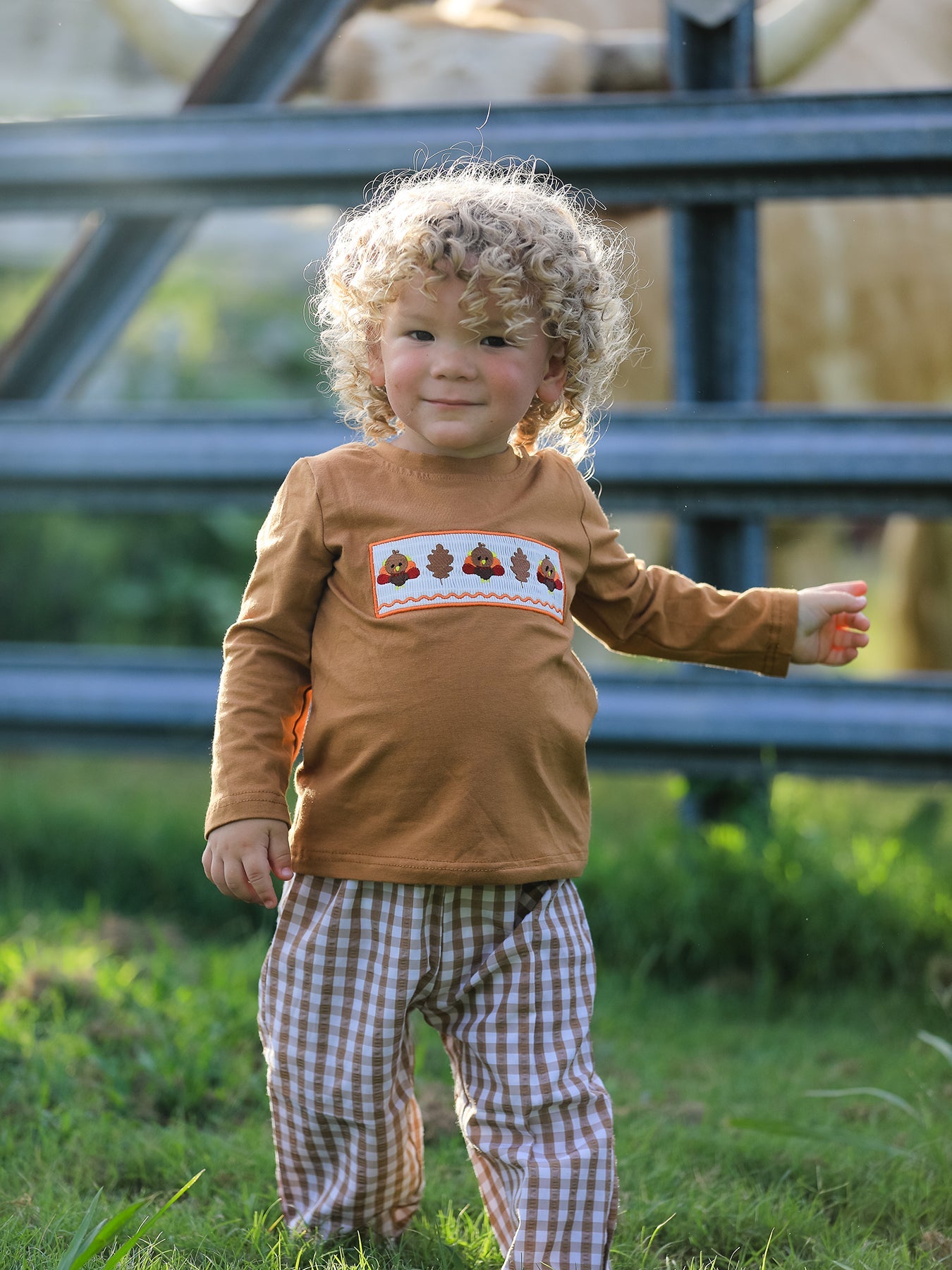 Embroidered Turkey Plaid Outfit Set