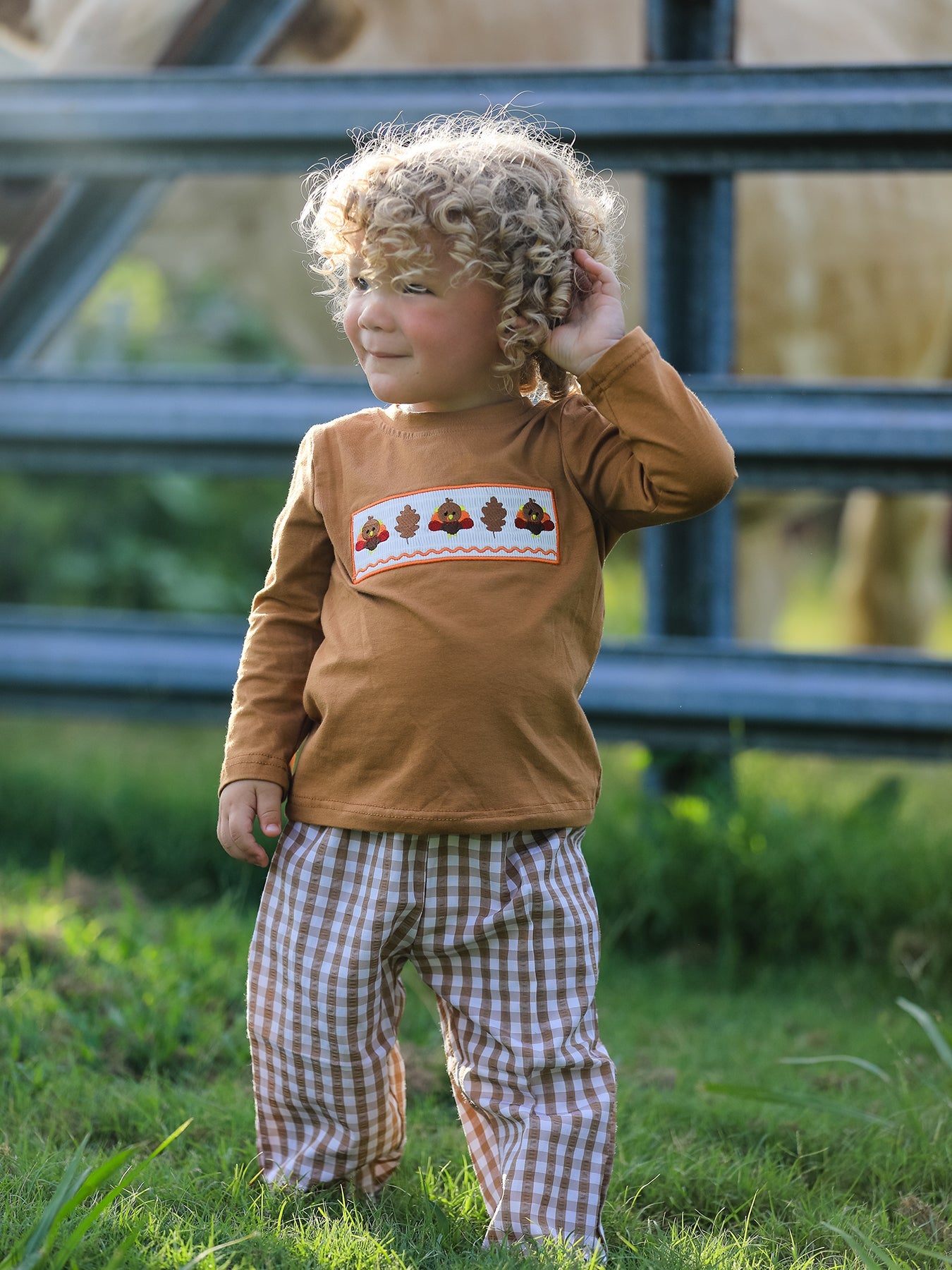 Embroidered Turkey Plaid Outfit Set