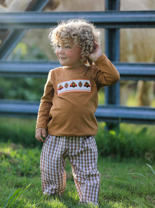 Embroidered Turkey Plaid Outfit Set
