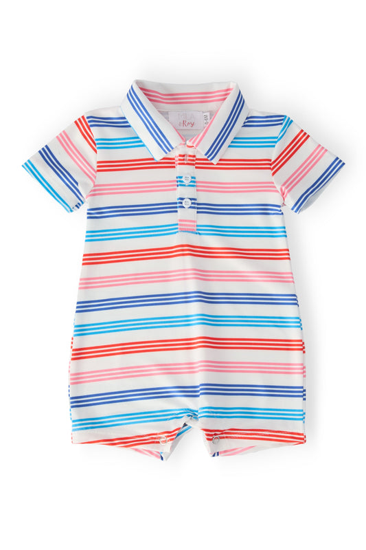Striped baby romper with collar on a white background