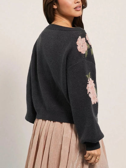 Floral Boat Neck Long Sleeve Sweater - Side View