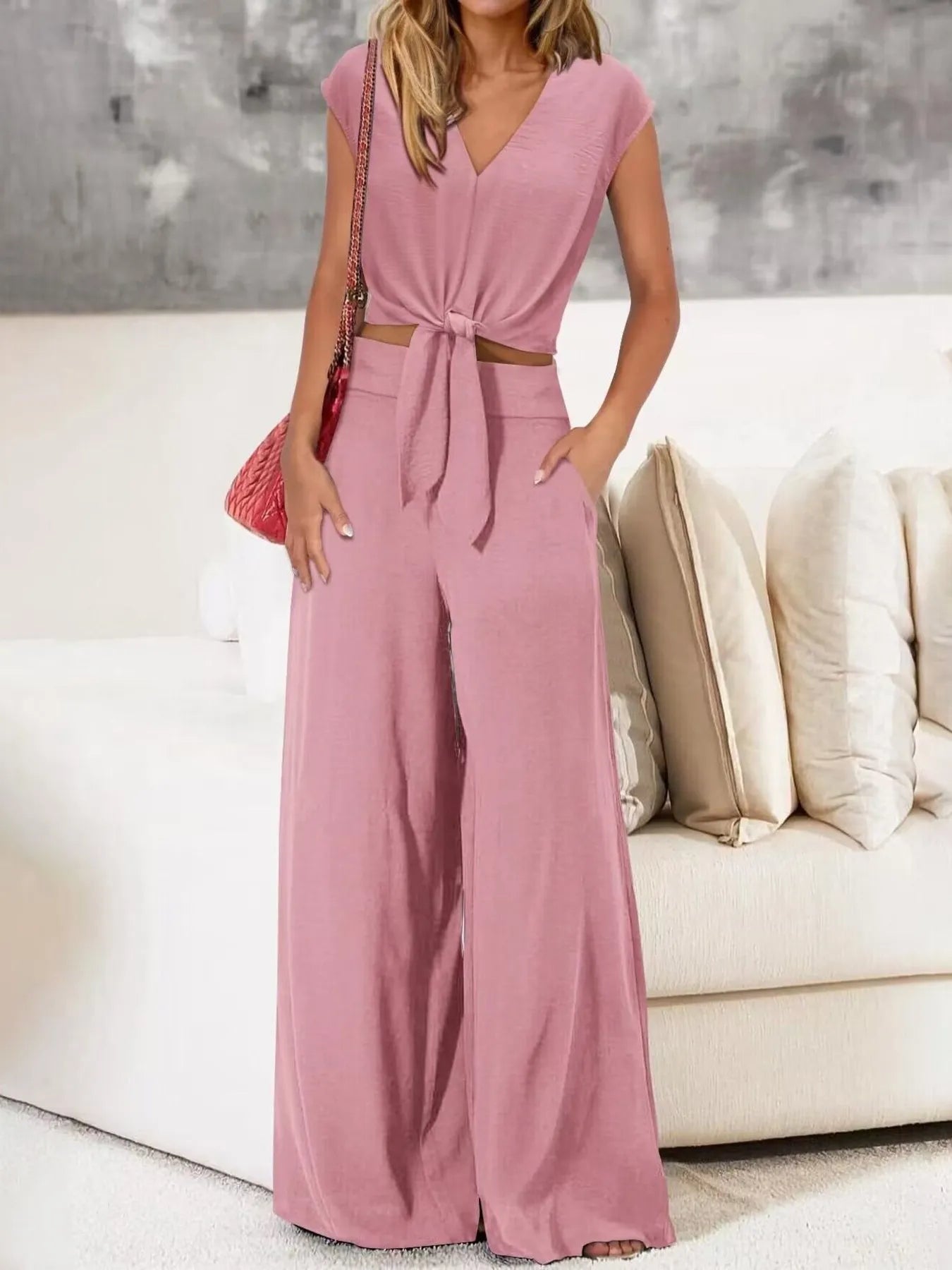 Casually Cool Tie Front Top and Wide Leg Pants Set