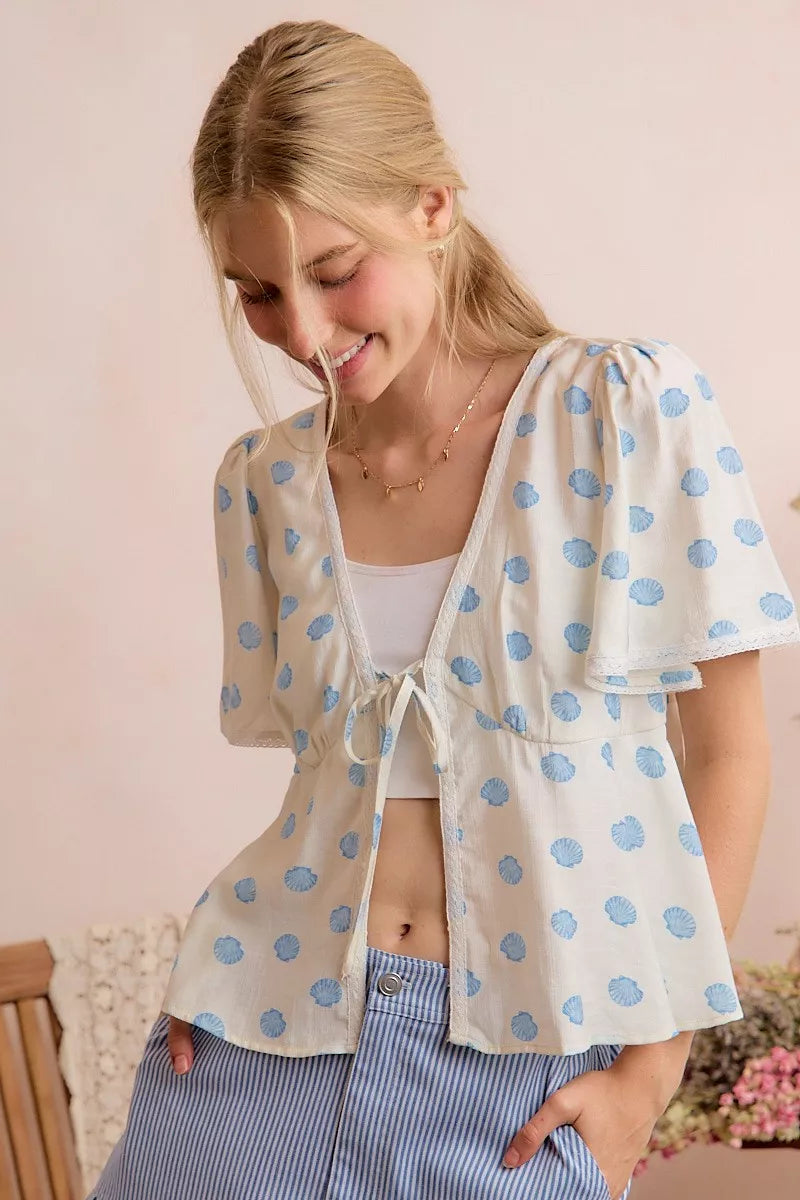 Shell Print Tie-Front Blouse