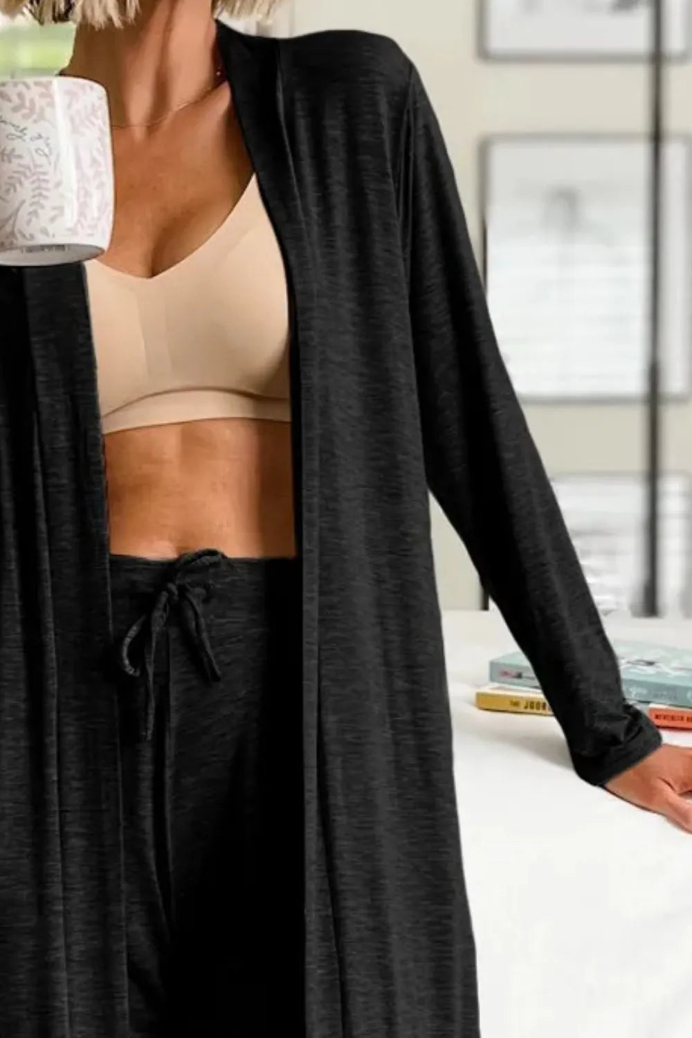 Open Front Cardigan and Pants Lounge Set