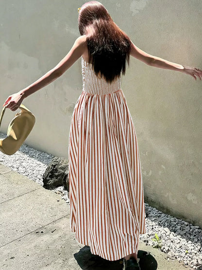 Striped Spaghetti Strap Casual Maxi Dress - Back View