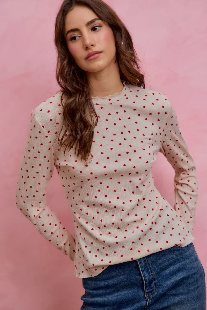 Ditsy Heart Slub Rib Knit Top