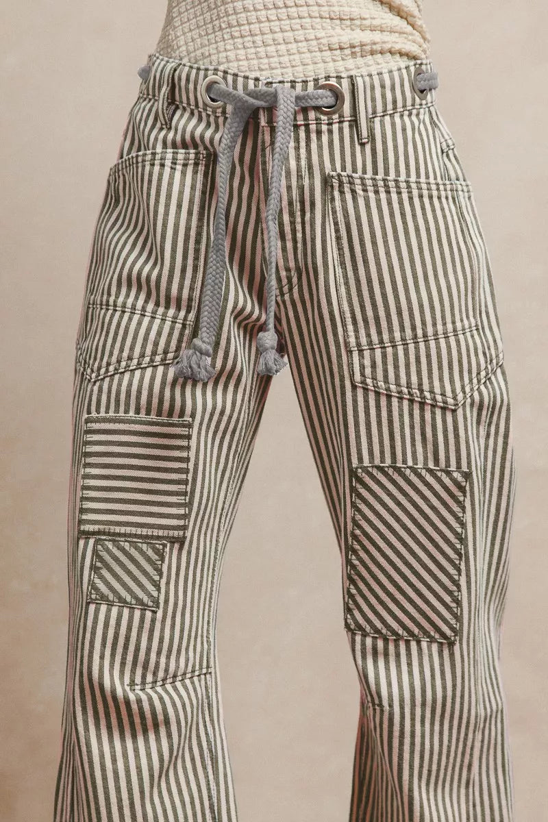 Drawstring Striped Twill Barrel Pants - Side View