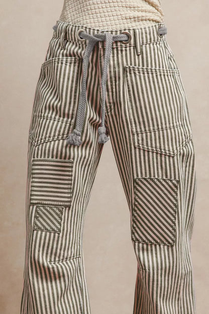 Drawstring Striped Twill Barrel Pants - Side View