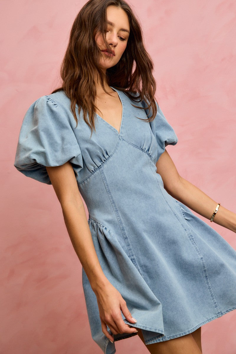 Puff Sleeves Fit-and-Flare Denim Mini Dress