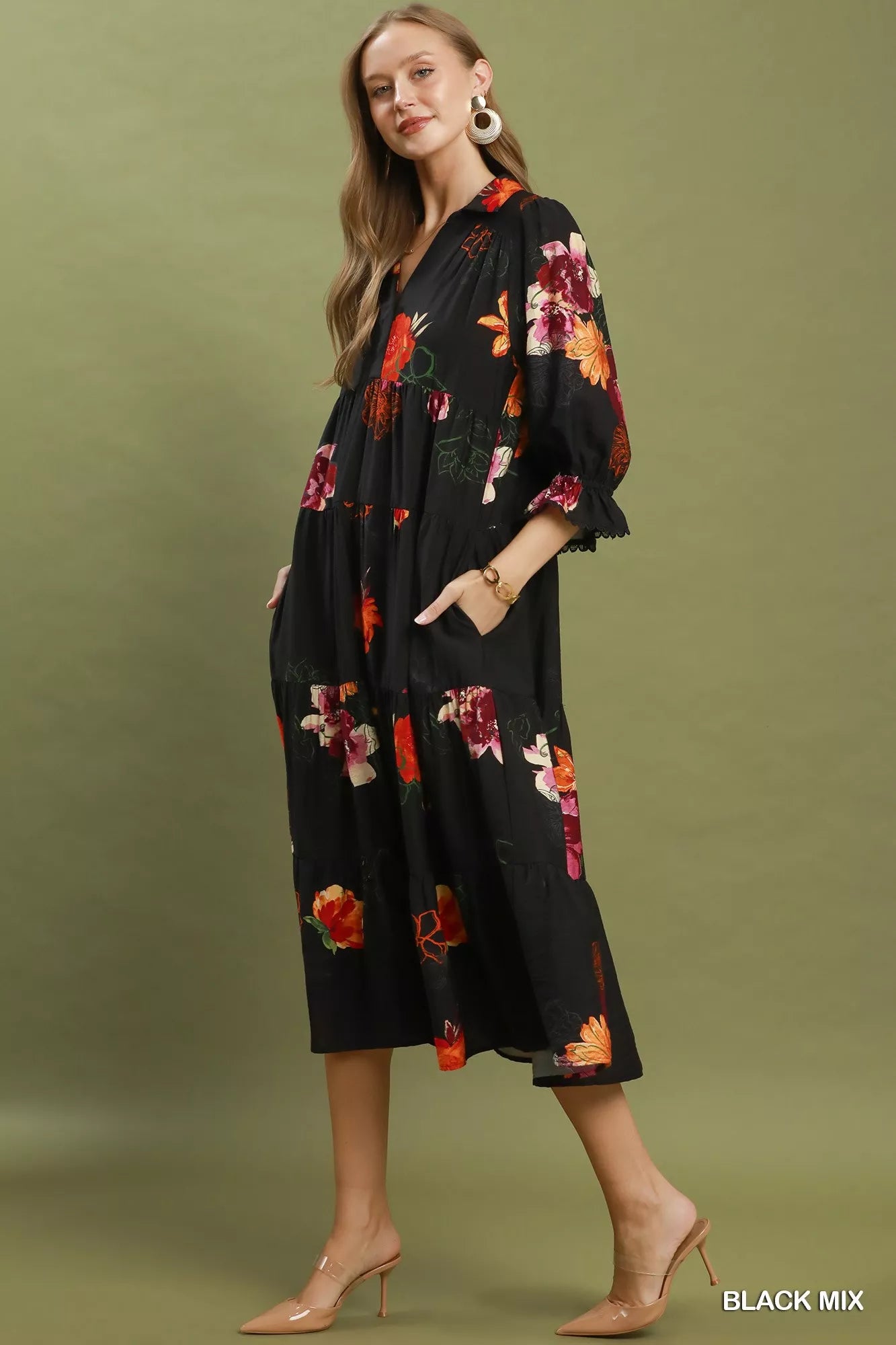 Black Floral Print Tiered Midi Dress