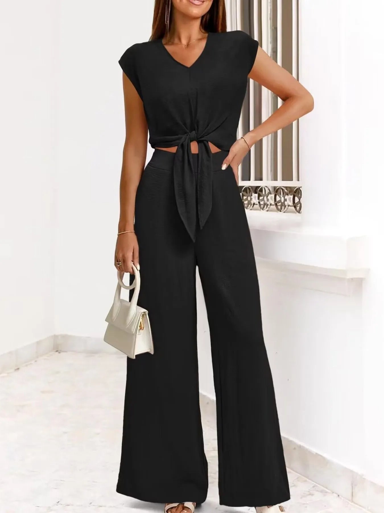 Casually Cool Tie Front Top and Wide Leg Pants Set