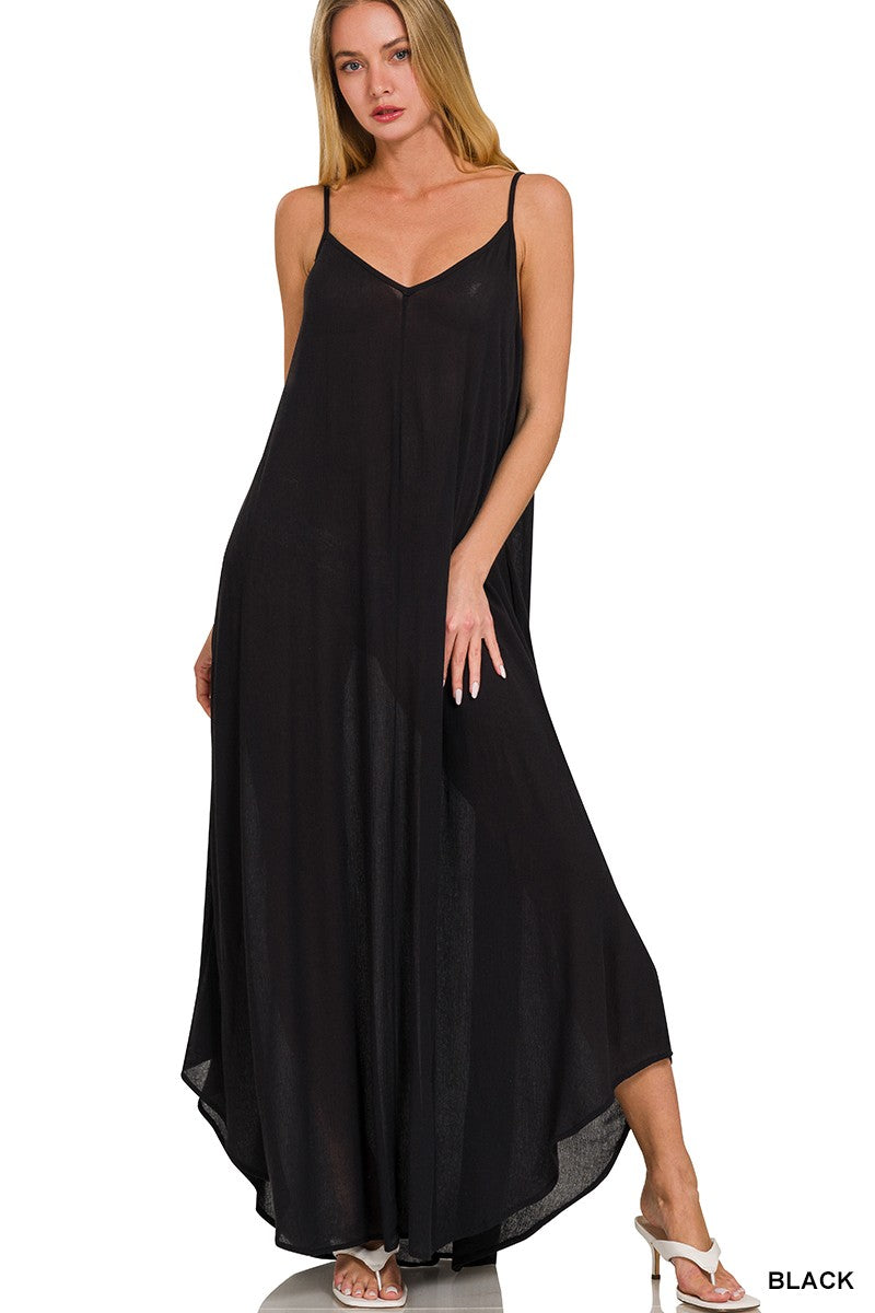 Crinkle Cami Maxi Dress with Pockets - Black