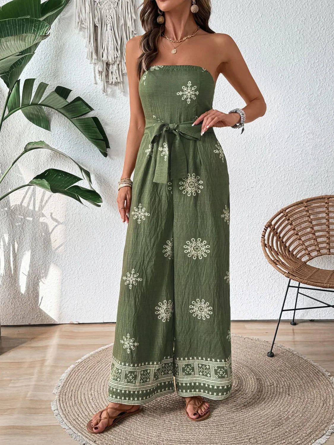 Boho Wide Leg Strapless Jumpsuit