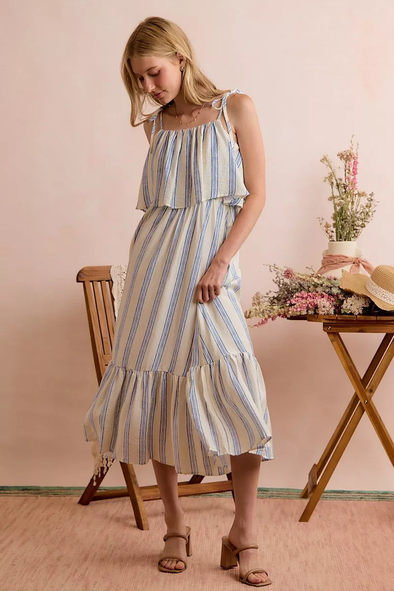 Stripe Shoulder Tie Midi Dress