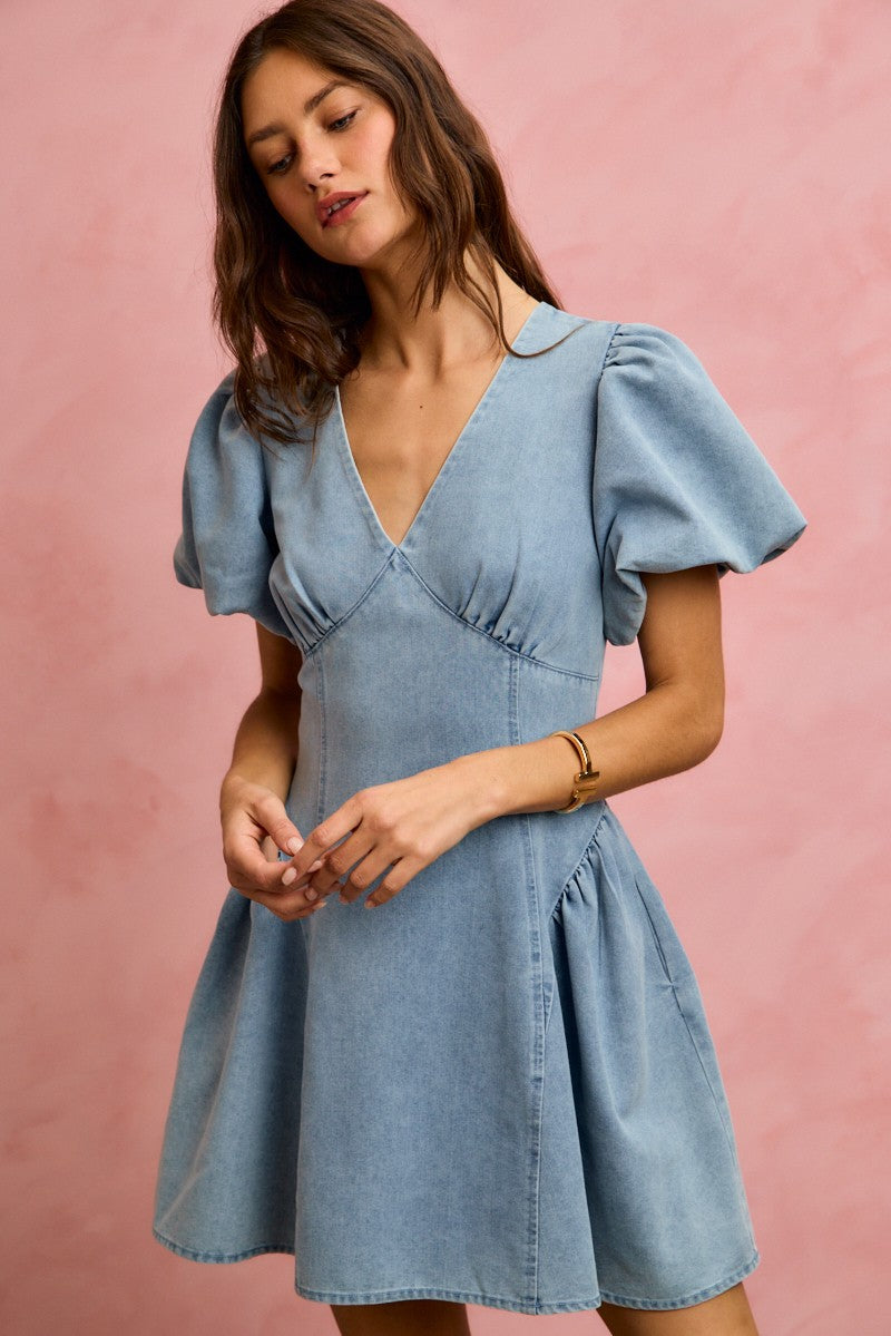 Puff Sleeves Fit-and-Flare Denim Mini Dress