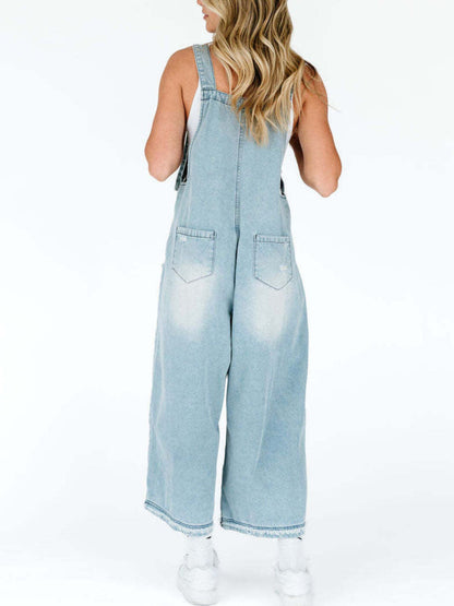 Distressed Wide Leg Denim Overalls - Detail View 20