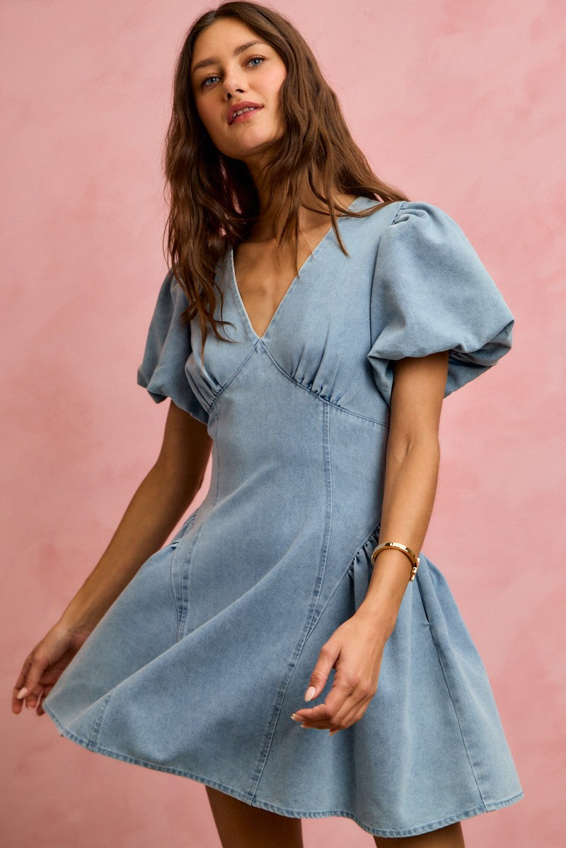 Puff Sleeves Fit-and-Flare Denim Mini Dress