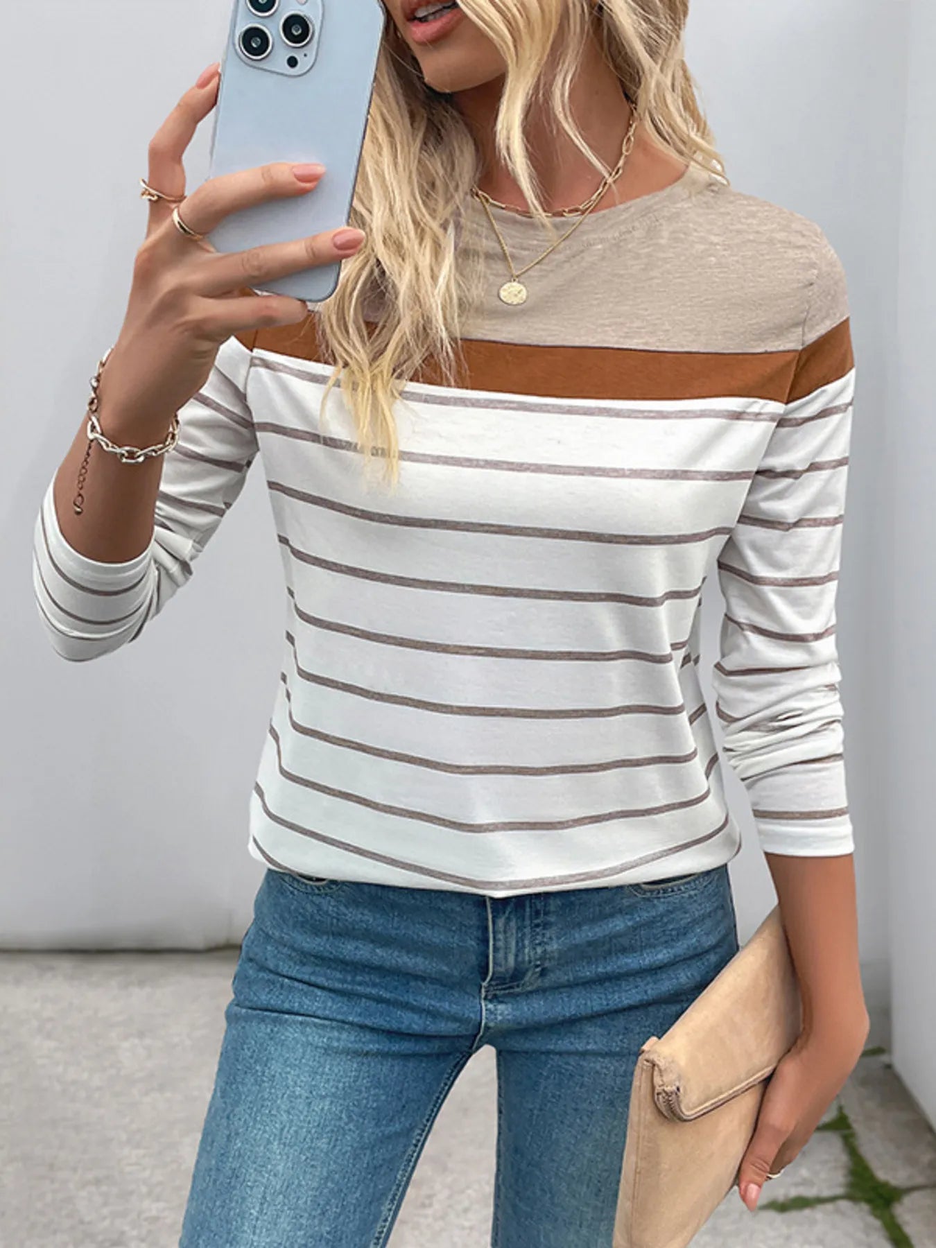 Casual Striped Color Block Long Sleeve T-Shirt