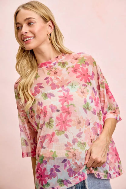 Floral Print Short Sleeves Boxy Mesh Top - Side View