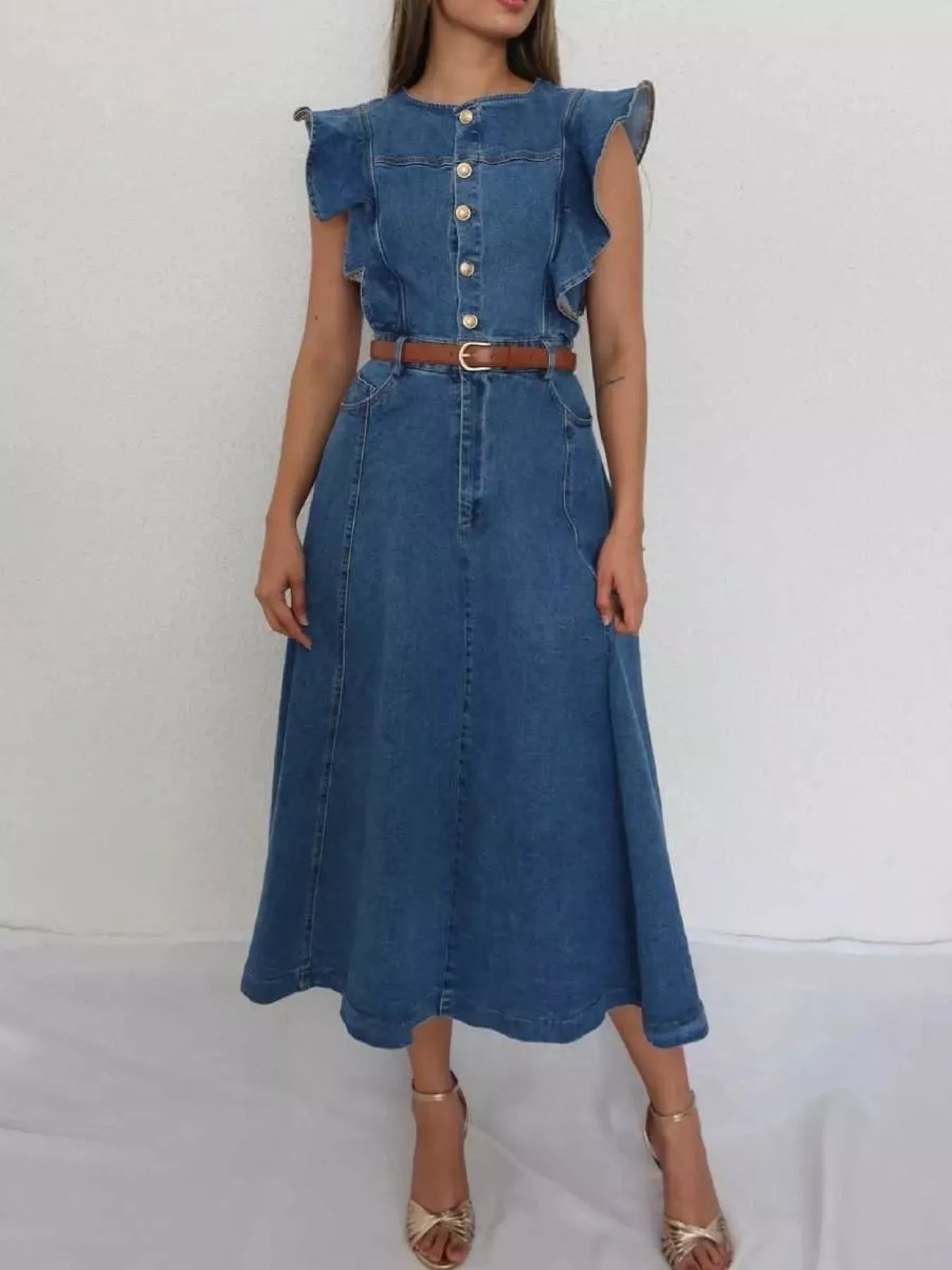 Belted Denim Midi Dress