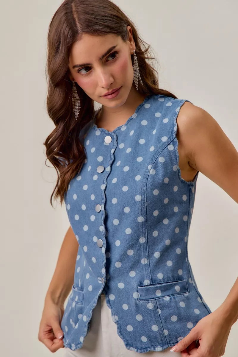 Dotted Denim Scallop Edge Button Down Vest Top