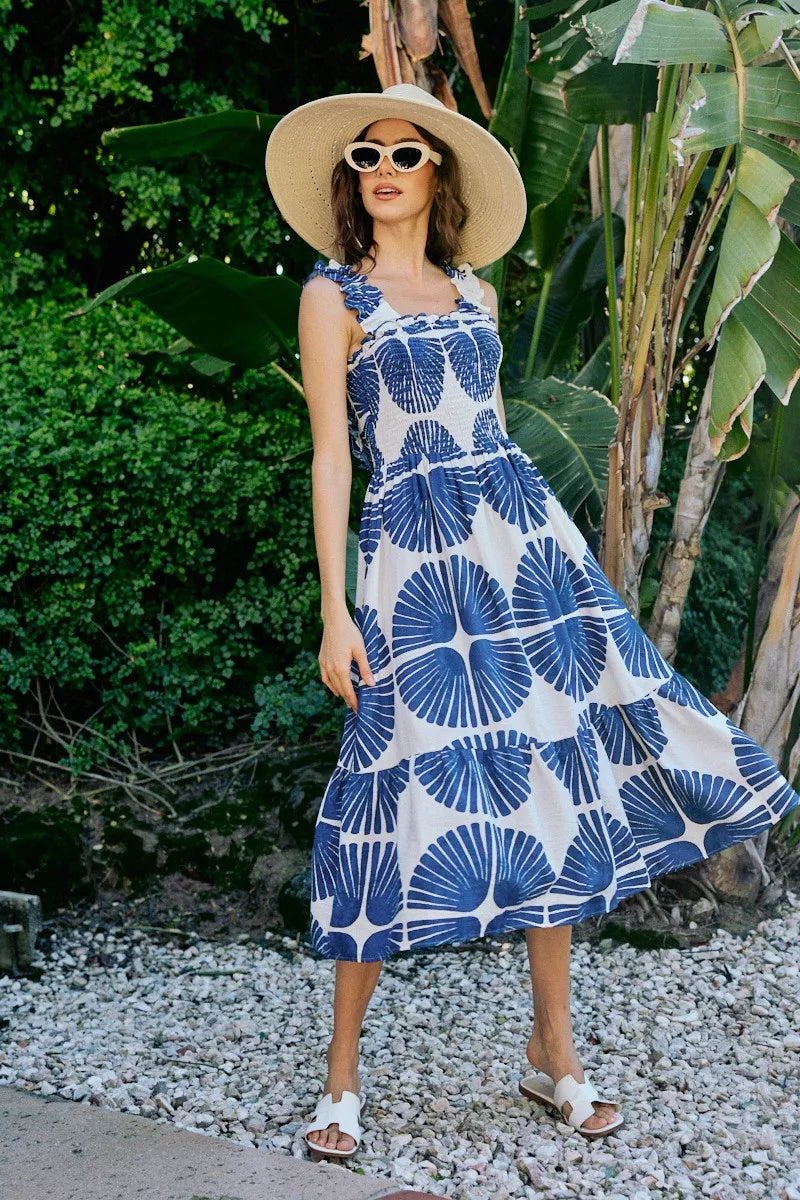 Smocked Tied-Back Summer Midi Dress