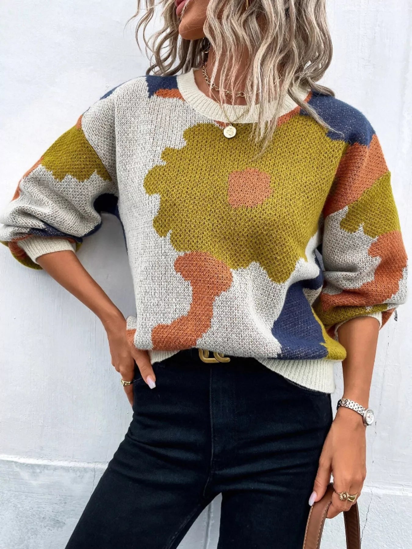 Floral Pattern Round Neck Sweater